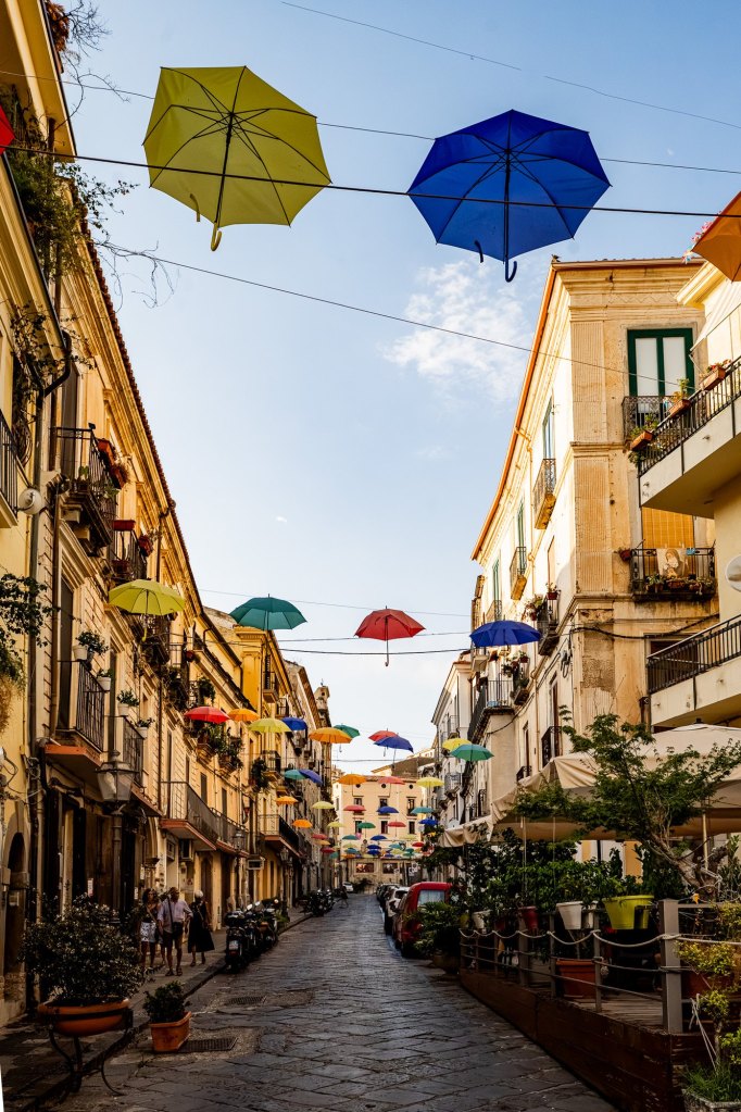 Paola colourful umbrellas street, Calabria